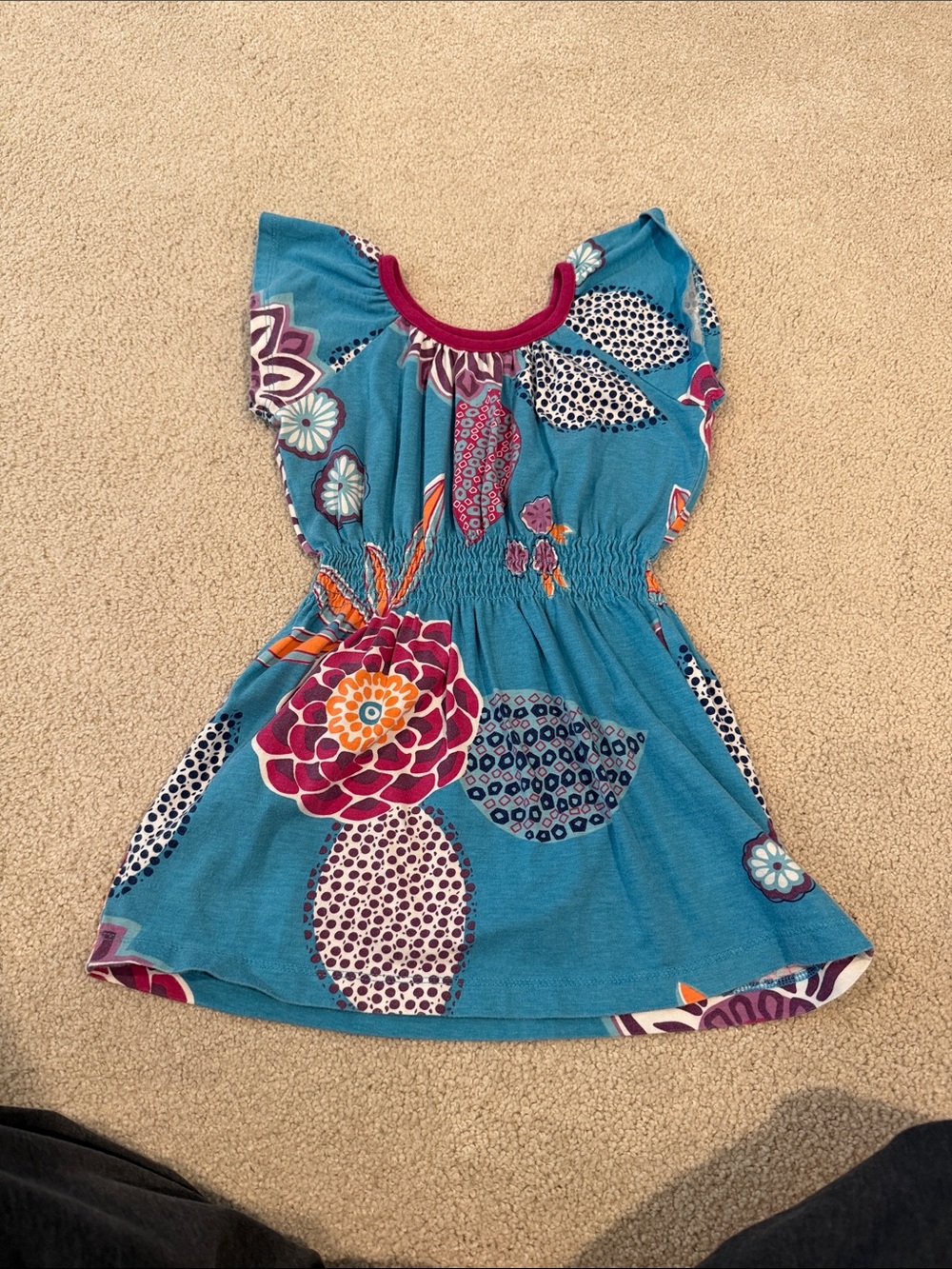 Tea Collection Turquoise Floral Smocked Waist Dress with Pink Accents